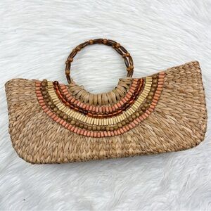Vintage Philippines Beaded East West Baguette Raffia Woven Wicker Tote Bag Aloha
